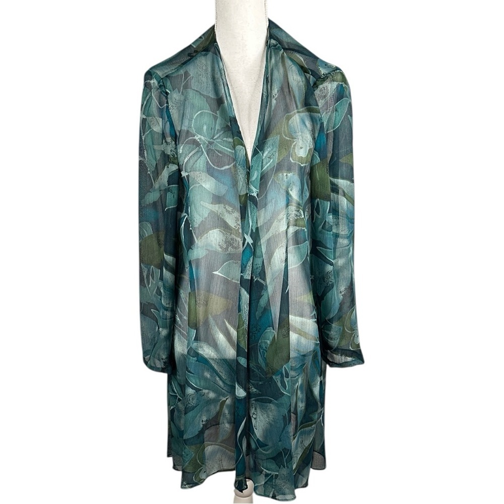 R&M Richards Sheer Green Black Floral Casual Flowy Open Cardigan Top Size‎ 16